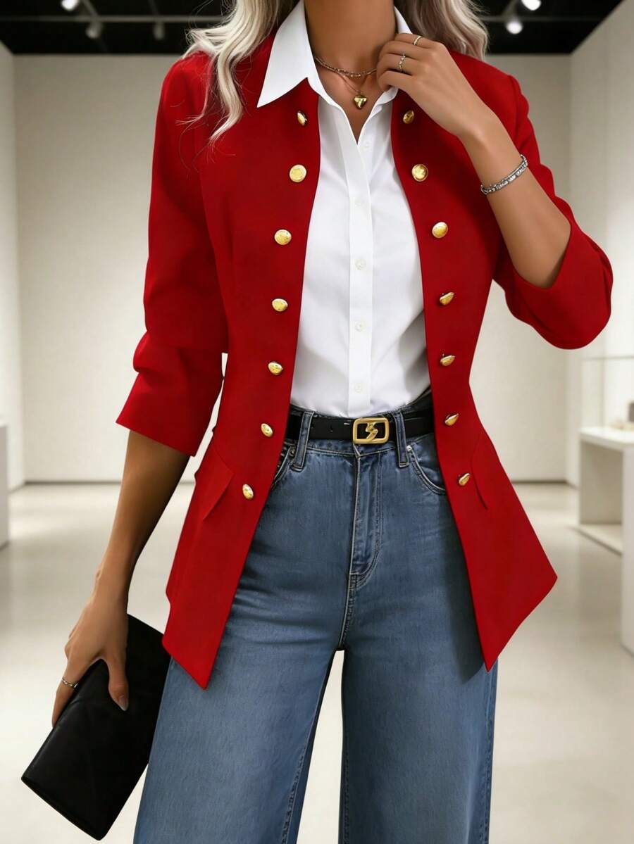 Lady's Elegant Double-Breasted Suit Jacket With Fashionable Long Sleeves, Featuring Flap Pockets Made Of Black Polyester Fabric - 紅色 - 查看 1