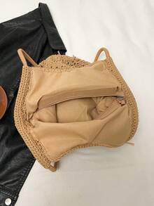 Women's Simple And Versatile, High-Quality, Large-Capacity Woven Tote Bag With Charm Embellishment, Perfect For Everyday Use And Vacations. - Khaki - View 5