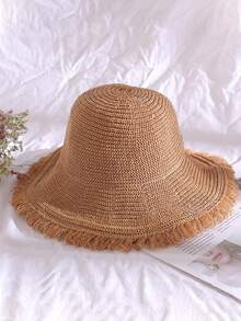 1顶女士草帽，大帽檐遮阳帽，适合海滩、旅行、度假，防紫外线，春夏款 - 咖色 - 查看 3