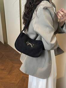 Bolso de mano de pana de unicolor minimalista con decoración de lazo, bolso baguette casual y elegante para llevar debajo del brazo - Negro - Ver 2