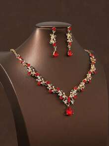 3-Piece Bridal Wedding Necklace Earrings Set & Elegant Party Accessories Combo For Women - 紅色底金色背景 - 查看 3