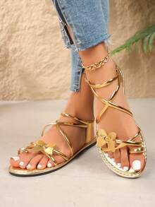 Teens' New Metallic Glossy Butterfly Decor Ankle Strap Flat Sandals, Casual Vacation Style, Daily Commute, Holiday Outing, Gold Metallic Glossy Butterfly Flat Sandals, Silver Metallic Glossy Butterfly Flat Sandals - Gold - View 5