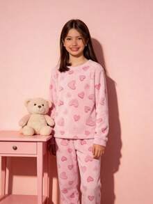 Teddy Plush Winter Pajamas For Kids - Pink Heart - Hot Pink - View 1