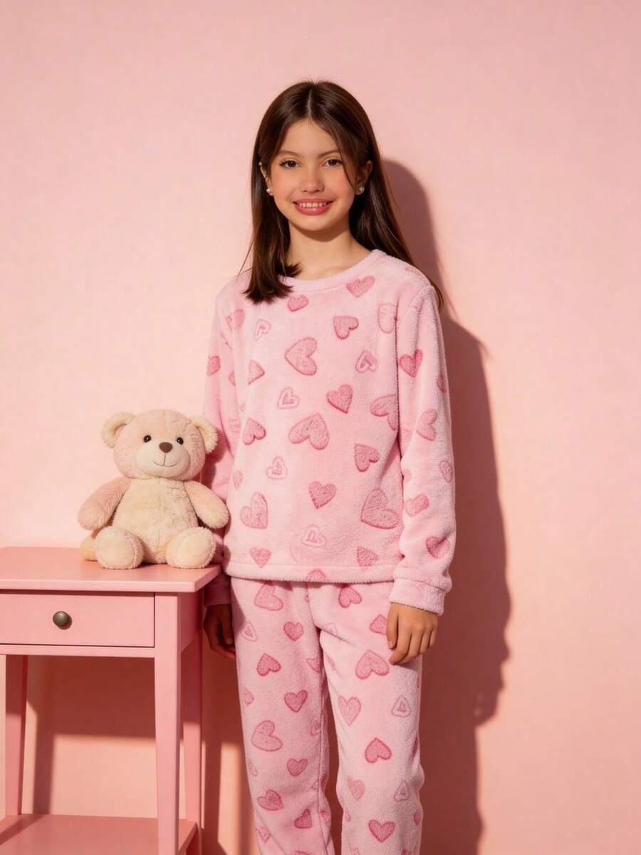 Teddy Plush Winter Pajamas For Kids - Pink Heart - Hot Pink - View 1