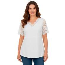 Jessica London Women's Plus Size Lace Trim V-Neck Top - trắng - Xem 1