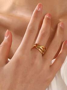 1pc 18K Gold Plated Stainless Steel Geometric Line Design Open Ring, Suitable For Women's Daily Wear - Gold - View 1