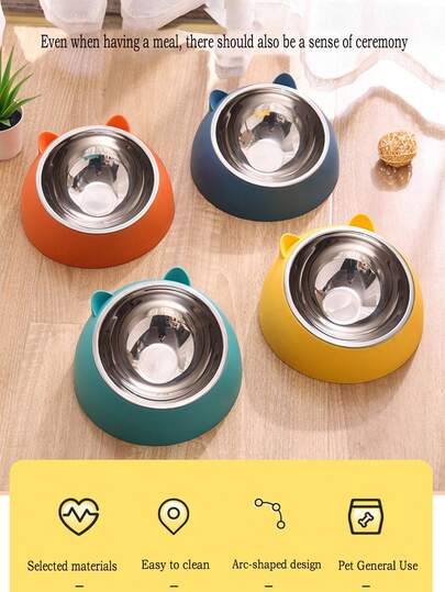 1pc Cartoon Cat Ear Design Round Pet Bowl, Anti-Slip Neck-Protecting Large Capacity Feeding Bowl
