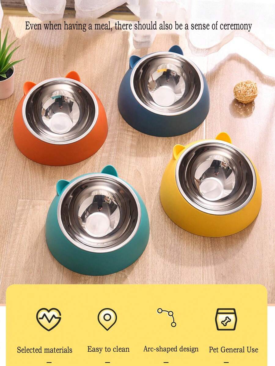 1pc Cartoon Cat Ear Design Round Pet Bowl, Anti-Slip Neck-Protecting Large Capacity Feeding Bowl - Multicolor - View 1