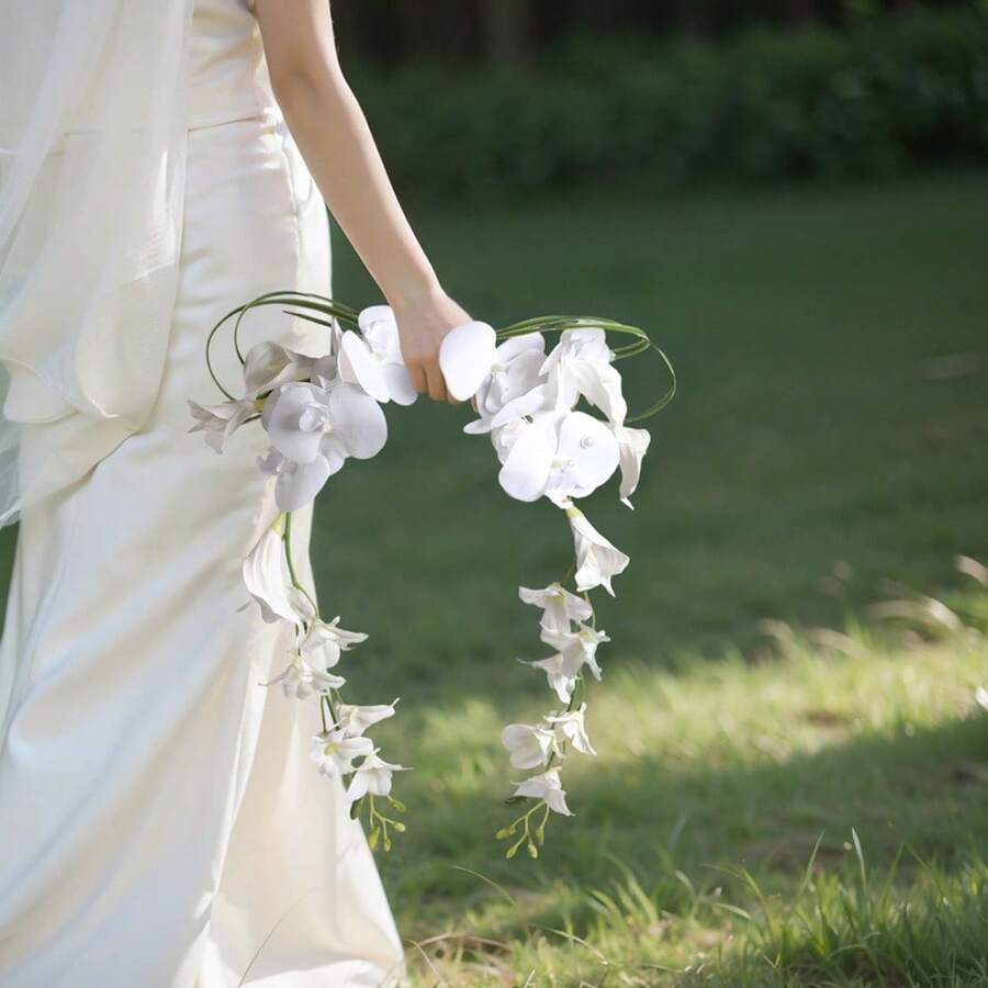 1pc Bohemian Style Elegant Simple & Generous Orchid Waterfall Bridal Bouquet, Engagement Registration Photography Handheld Flower Bunch, Suitable For Wedding And Studio Photography - Multicolor - View 1