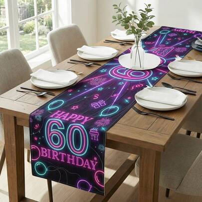1pc 60th Birthday Printed Table Runner, Suitable For Holidays, Parties, Birthdays, Dinners, Restaurant Table Decor, All Seasons, Home Decor