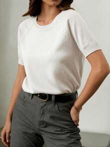 女士基础款休闲短袖针织T恤，夏季白色 - 白色 - 查看 3