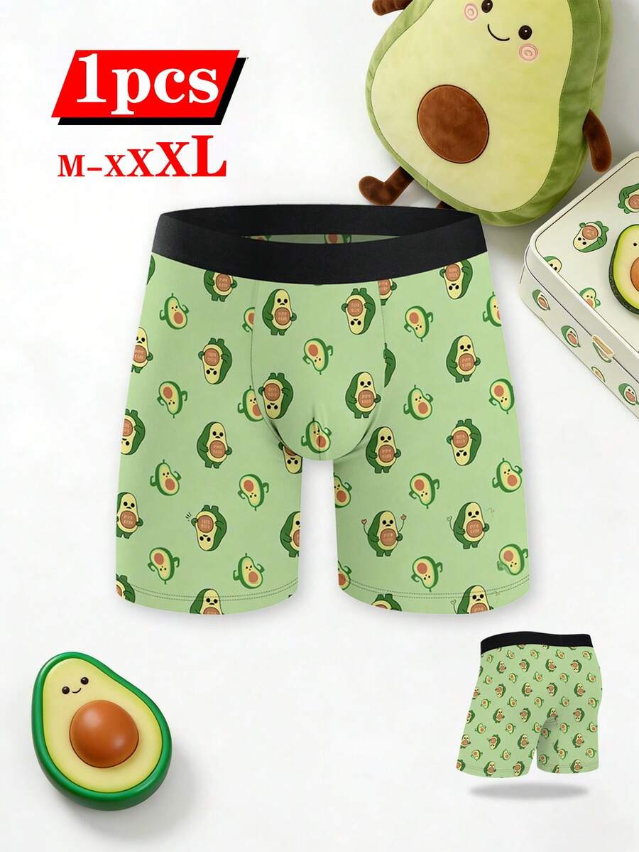 1 chiếc quần boxer nam in hình quả bơ, thiết kế họa tiết trái cây hoạt hình, quần lót cạp trung cá nhân hóa, mặc hàng ngày thoải mái. - màu xanh lá - Xem 1