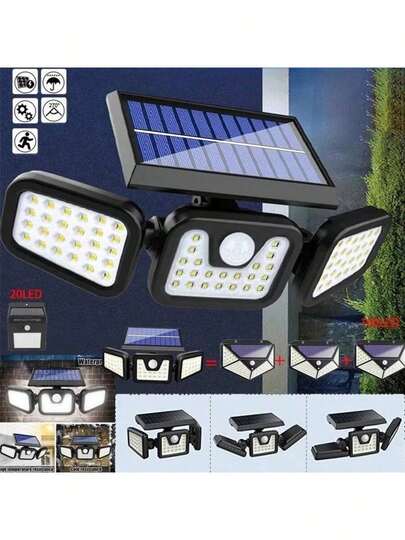 74 LED Solar Powered Motion Sensor Security Light, 3 Adjustable Heads, 3 Modes, Wall Mounted Outdoor Flood Light, Suitable For Yard, Garden, Garage, Deck - LED, Solar Powered, Rechargeable Battery