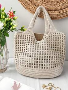 Summer New Fashion Women Daily Lightweight Hollow Turtle Pattern Knitted Tote Bag, Large Capacity Shoulder Bag, Suitable For Shopping, Travel, Outdoor And School. Multifunctional Storage Commuter Hobo Bag, Suitable For Beach Vacation Or Easy Carrying - Beige - View 4