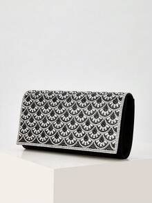 Wedding Guest Black Rhinestone Clutch, Fan Pattern Evening Purse - Black - View 5