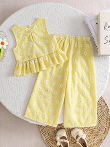 2pcs Girls Daisy Print Plaid Top And Pants Set, Summer - Yellow - View 3