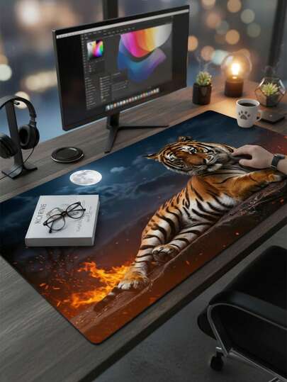 Große Größe Mauspad, wasserdichte rutschfeste glatte Stoffoberfläche, realistisches Muster mit wildem Tiger und Flammen in der Nacht, auch geeignet als Tastaturunterlage, Schreibtischunterlage oder Buchständer, passend für Gamer, Büro und Wohnheim, kompatibel mit Maus und Trackball, tolles Geschenk für Gamer