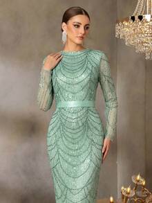 Faeriesty Elegant Mint Green Beaded Evening Gown - Long Sleeve Spaghetti Strap Dress With Intricate All-Over Embroidery, Waist Tie Design Suitable For Romantic Valentine's Date, Luxurious Black Tie Gala, And Red Carpet Events Party Wedding - Green - View 7
