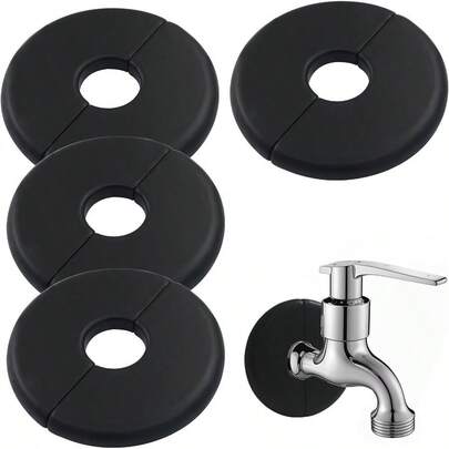 4 Pcs Black Wall Split Flange, Escutcheon Plate Plumbing Cover Plates For 0.6/16mm Pipe - Durable ABS Self - Adhesive Round Flanges For Faucet, Water Pipe Plumbing Fixtures