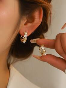 Hihho 1对时尚优雅简约闪亮锆石镶嵌心形耳环，心形拼接独特珠宝耳环，情人节派对女孩礼物 - 耳圈 - 查看 6