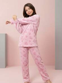 Teddy Plush Winter Pajamas For Kids - Pink Heart - Hot Pink - View 10