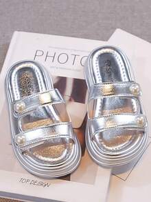 Children's Faux Pearl Decor Fashionable Versatile Daily Wear Slip-On Mules - Silver - View 2