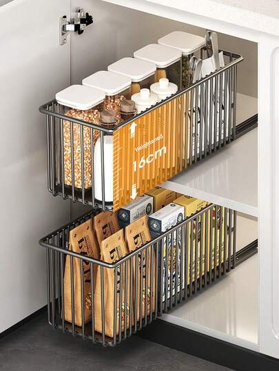 1个拉出式滑动抽屉储物盒，适用于厨房、调料架和浴室，无需钻孔，橱柜收纳篮，用于存放调料、罐子和瓶子，浴室储物抽屉