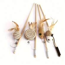 4pcs Handmade Cat Toys Set, Include Feather Toy, Wooden Cat Wand, Interactive Pet Stick, With Artificial Feathers, Sisal Rope, Bells, Mouse Toy, Battery-Free - Multicolor - View 7