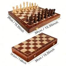 一套双面木质棋盘，铜版印刷，包含24枚可拼接的木质跳棋和32枚标准国际象棋棋子，适合14岁及以上人群，家庭娱乐，国际象棋，跳棋，棋盘游戏，木质国际象棋套装，拼字游戏棋盘，情人节礼物 - 彩色 - 查看 3