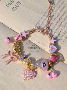 1pc XOXO Heart Charm Bracelet, Cute Pink Bow Heart Bracelet, Pink Leopard Print Heart Bracelet, Pink Cross Bracelet, KISSME Bracelet - Gold - View 9