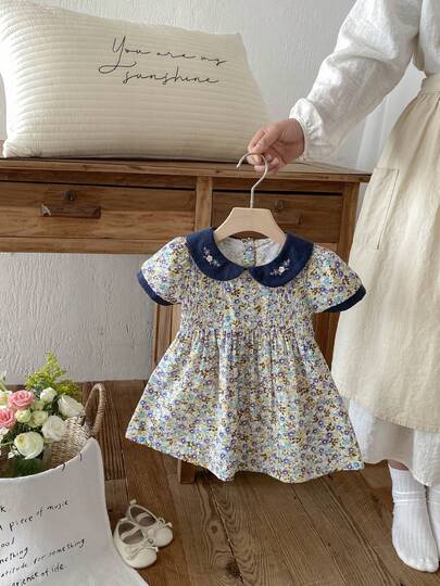 1pc Baby Girls' Casual Floral Patchwork Collar Embroidered Short Sleeve Dress, Summer