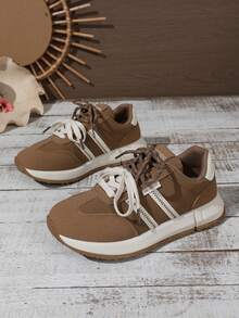 2026新款春季女士厚底运动鞋，平底圆头时尚系带休闲鞋，皮革鞋面，四季皆宜卡其色跑步鞋 - 卡其色 - 查看 3