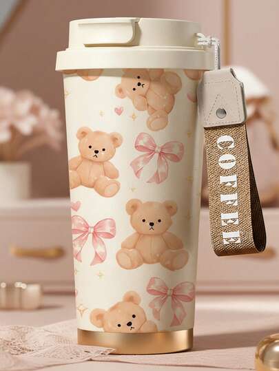Kawaii Teddy Bear & Bow Print Insulated Travel Mug With Strap, 12-24h Cold & 6-12h Hot Leakproof Coffee Tumbler, Aesthetic Stainless Steel Water Bottle For Office, School & Gift For Girls/Women