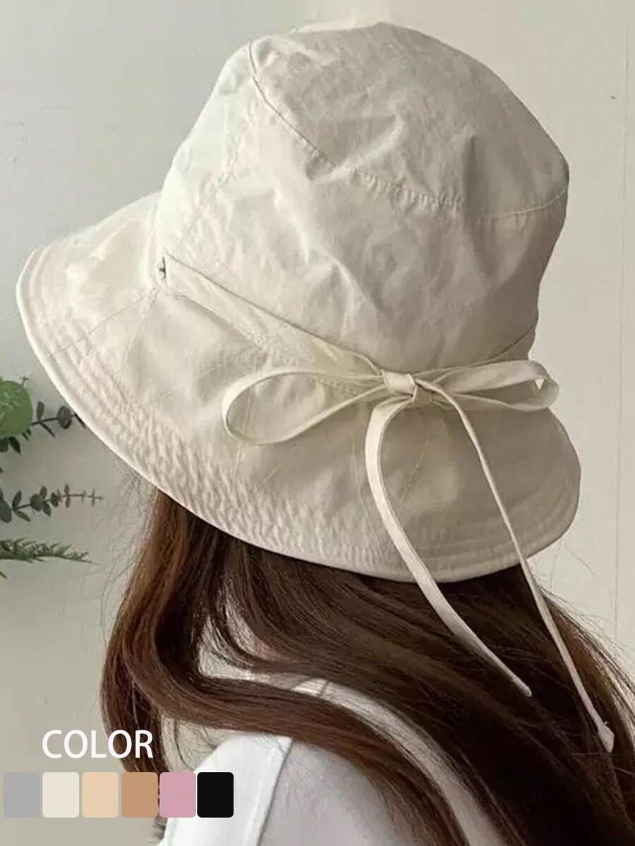 透气纯色渔夫帽,大帽檐防晒,可调节帽带,简约日式夏季女士遮阳帽 - A - 查看 1