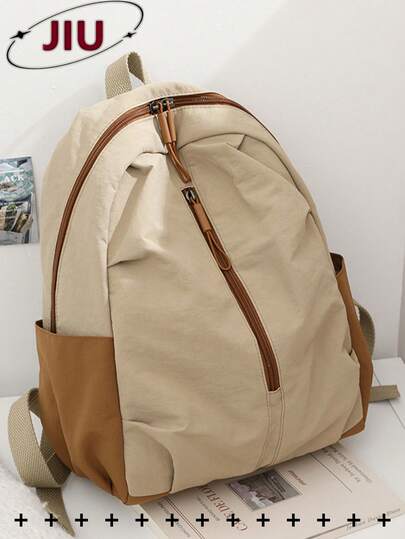 Anti-Theft Color-Blocked Preppy Nylon Backpack For Women; Multi-Functional Stylish Day Bag; Multi-Pocket Lightweight Travel Bag; Large-Capacity Minimalist School Bag; Convenient Book Bag, Suitable For Students, Nurses, Teachers, Business People, Travel, Business Trips, Daily Commutes, Shopping, Office, Dates, Hiking, Training, Work, Birthday Gifts, Holiday Gifts,