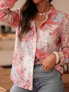 女士波西米亚风花卉拼接长袖衬衫，带口袋，度假风 - 粉色 - 查看 7