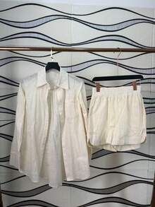 Two-Piece Linen Shirt And Shorts Set, Lined With Elastic. Summer Vacation: Perfect For Celebrating Christmas, New Year's Eve And New Year In Brazil! - 杏色 - 查看 2