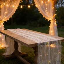 10ft/118inch Embroidered Daisy Spring/Summer Table Runner, Floral Seasonal Sheer Table Cloth For Holiday Kitchen Dining Table Decor, Suitable For Home Parties, Indoor, Can Be Trimmed For Dress, Table, Kettle, TV, Desk And Chair Decoration, Perfect For Country-Themed Events - White - View 3