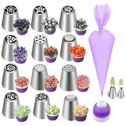 16 Stück Tortenspritztüllen-Set, Tortenbäckerwerkzeuge, Tortendekoration-Set, Tortenschnitzwerkzeuge, Weihnachts-Backset, Sahne-Spritztüllen-Set