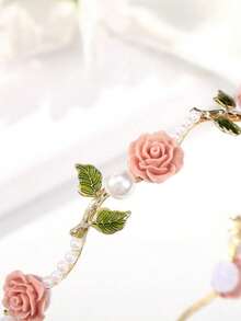 1pc Rose Flower Pearl Headband, Women's Fashion Delicate Hair Accessory, Versatile Pearl Hairband Hair Band Hair Hoop - Pink - View 3