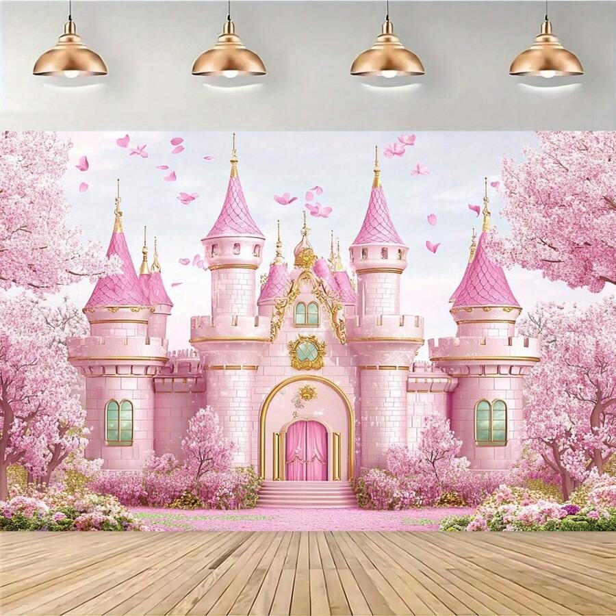 Painel de fundo decorativo com castelo de princesa rosa e dourado com glitter e estampa de arco-íris. Não precisa de energia. Banner multiuso ideal para festas, inaugurações de casa, aniversários e diversas ocasiões. Disponível em vários estilos e tamanhos. - B - Ver 1