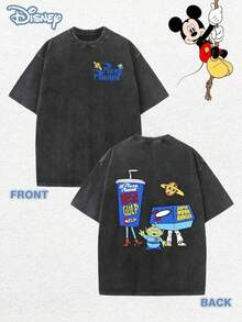 Disney Toy Story Pisa Planet Alien Printed Summer High-Quality Washable Cotton Retro Round Neck T-Shirt-Machine Washable-Unisex Casual Shirt-Official Authorization - 黑色 - 查看 1