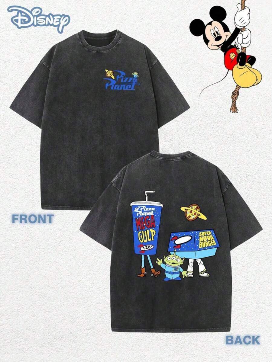 Disney Toy Story Pisa Planet Alien Printed Summer High-Quality Washable Cotton Retro Round Neck T-Shirt-Machine Washable-Unisex Casual Shirt-Official Authorization - 黑色 - 查看 1