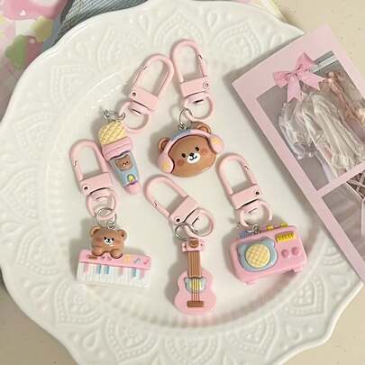 5pcs Pink Music Bear Keychain Cartoon Cute Bag Pendant Gift For Friends