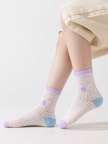 5 Pairs Girls' Breathable Thin Mesh Socks, Cute Cartoon Purple Children's Socks, Spring/Summer - Multicolor - View 5