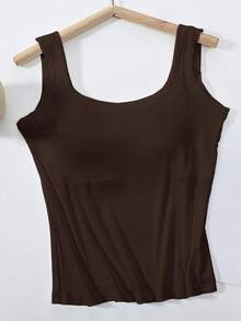 1pc Deep Brown Casual Racerback Camisole Top With Removable Pads, Slim Fit For Layering Or Outerwear - Chocolate Brown - View 6