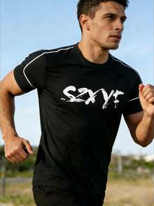 1 pieza Camiseta estampada con puños elásticos de estilo deportivo para hombre, primavera/verano - Negro - Ver 3