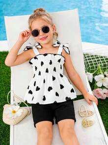 2pcs Baby Girl Summer Outfit, Heart Print Camisole Top + Black Shorts With Bow Strap Design, Cute & Fresh - Black and White - View 2