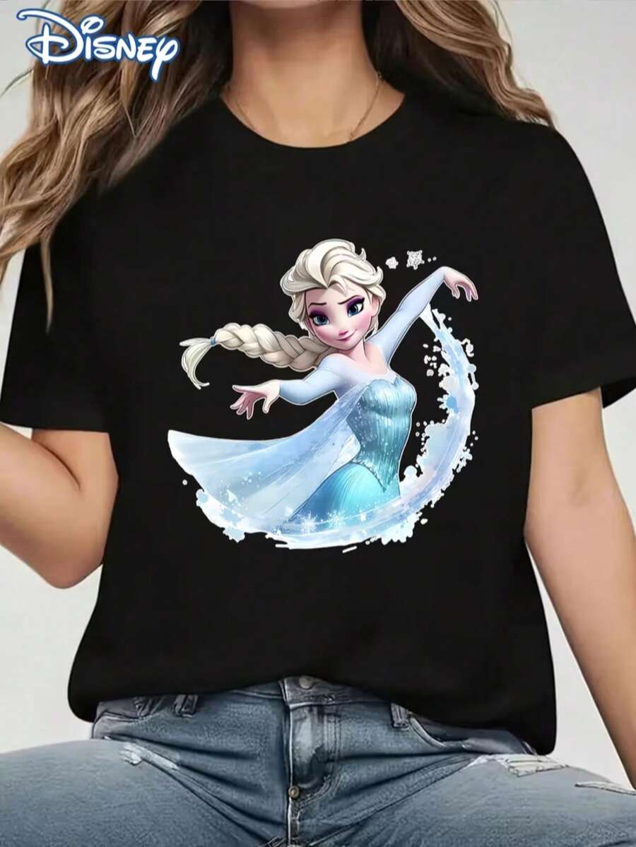 Disney Licensed! Frozen Queen Ice Wave Print Women's T-Shirt, Casual And Stylish Round Neck Short-Sleeved Summer Top, Sweet And Cool Anime Cartoon Sweatshirt, Perfect For Outdoor Everyday Casual Wear. - Noir - Voir 1