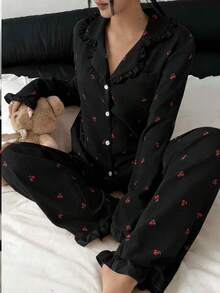 Dreamivo Cherry Blossom Print Ruffle Trim Women Long Sleeve Pajama Set - Black - View 3